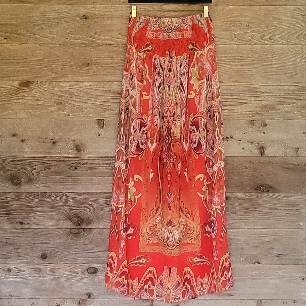 Soma Red Printed Smocked Top Strapless Maxi Dress Size Small